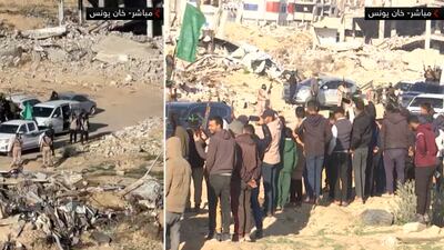 Preparations are made for the release of Israeli hostages in Khan Younis, southern Gaza, on February 1. Sky News Arabia screengrab