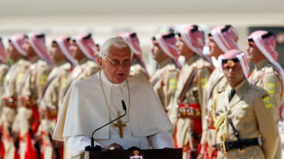Pope Benedict XVI speaks at Queen Alia Airport during his visit to Jordan in May 2009. Getty Images
