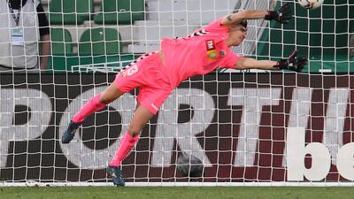 Elche's goalkeeper Edgar Badia fails to save a shot by Barcelona's Riqui Puig. AP
