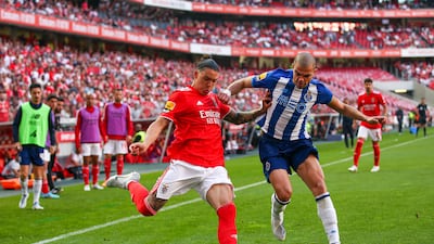 Benfica's Darwin Nunez battles with Porto's Pepe in a Portuguese Primeira Liga game on May 7, 2022. EPA