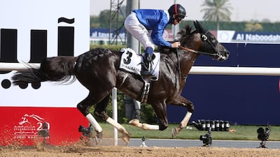 Manark ridden by Dane O ’ Neill wins the Dubai Kahayla Classic race at the Meydan Racecourse in Dubai. ( Pawan Singh / The National )