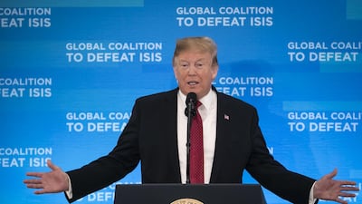 US President Donald Trump speaks during the Global Coalition to Defeat ISIS meeting at the State Department in Washington. Bloomberg