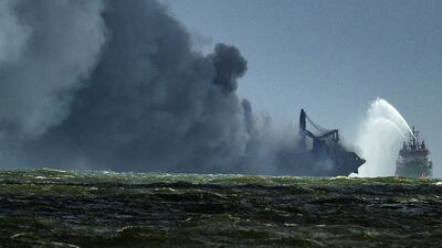 A Sri Lanka Navy ship tries to douse the fire on the 'MV X-Press Pearl'. AFP