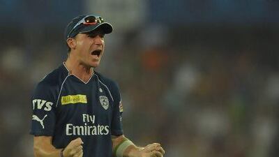 File picture from last year of Dale Steyn celebrating. The Hyderabad bowler put the brakes on Delhi Daredevils early in their innings. Noah Seelam / AFP