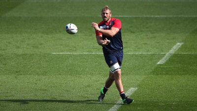 England captain Chris Robshaw passes the ball during Friday's training session for Saturday's Rugby World Cup match against Wales at Twickenham. David Rogers / Getty Images