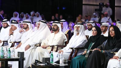 Sheikh Mohammed bin Rashid, Vice President and Ruler of Dubai, Sheikh Hamdan bin Mohammed, Crown Prince of Dubai, and Sheikh Nahyan bin Mubarak, Minister of State for Tolerance, attend the World Tolerance Summit in Dubai on Thursday. Wam
