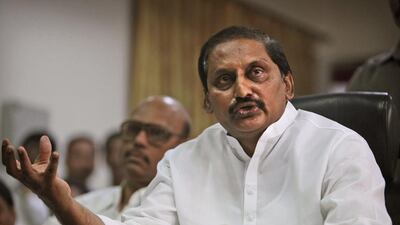 The chief minister of the Indian state of Andhra Pradesh N Kiran Kumar Reddy announces his resignation from his post and the Congress party during a press conference, in Hyderabad, India on February 19. Mr Reddy quit in protest against the central government decision to carve out a new state called ‘Telangana’ from existing Andhra Pradesh state. Mahesh Kumar / AP