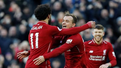 Substitute Xherdan Shaqiri puts Liverpool 3-1 up. Reuters
