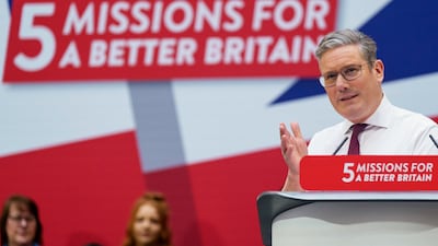 British Labour Party Leader, Sir Keir Starmer delivers a speech during the unveiling of plans for a "Mission-Led" Labour government in Manchester, England. Photo by Dominic Lipinski / Getty Images