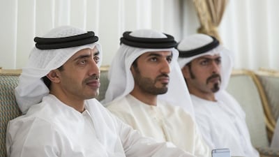 (L-R) Sheikh Abdullah bin Zayed, Minister of Foreign Affairs and International Cooperation, Sheikh Rashid bin Humaid, and Sheikh Khalifa bin Tahnoon, offer condolences to family and friends of Ali Mohamed Al Kaabi, who died in a helicopter crash during a routine mission over international waters. Ryan Carter / Crown Prince Court — Abu Dhabi