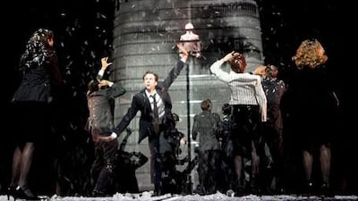 Cast members of Enron on stage at the Noel Coward Theatre in London.