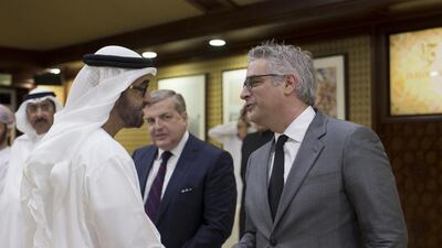 Sheikh Mohammed bin Zayed, Crown Prince of Abu Dhabi and Deputy Supreme Commander of the Armed Forces, speaks with Dr Nicholas Christakis, after a lecture by Dr Chistakis, titled Social Network Interventions, at Al Bateen Palace. Ryan Carter / Crown Prince Court – Abu Dhabi