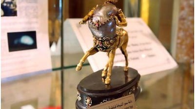 The Mother of the Nation pearl statuette of a centaur on display at the Emirates Palace hotel in Abu Dhabi.