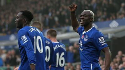 Arouna Kone, right, of Everton celebrates scoring his side's fifth goal during the Premier League match between Everton and Sunderland at Goodison Park on November 1, 2015 in Liverpool, England. (Photo by Chris Brunskill/Getty Images)