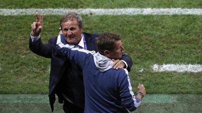 Slovakia coach Jan Kozak, left, reacts at the end of the Euro 2016 Group B soccer match between Russia and Slovakia at the Pierre Mauroy stadium in Villeneuve d’Ascq, near Lille, France, Wednesday, June 15, 2016. (AP Photo/Darko Vojinovic)
