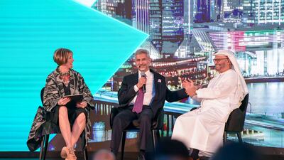 From left, Edie Lush, moderator, Subrahmanyam Jaishankar, India's Foreign Minister and Dr Anwar Gargash, diplomatic adviser to President Sheikh Mohamed
