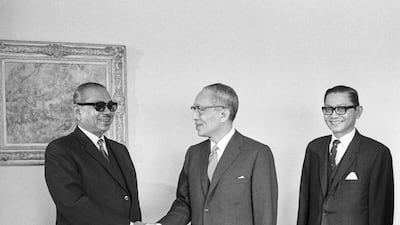 Malaysia's Prime Minister, Tunku Abdul Rahman, meeting the Secretary-General U Thant before entering the General Assembly to make his speech. On the right is Malaysia's Permanent Representative, Ismail bin Mohd Yusof.