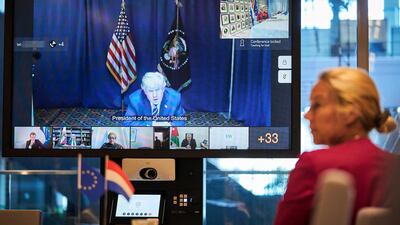 US President Donald Trump speaks at a video conference with world leaders about aid to Lebanon. EPA