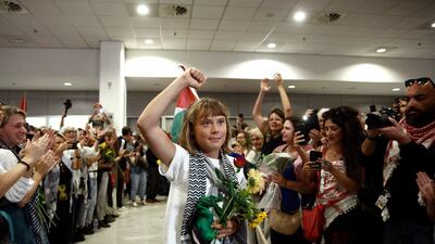 Greta Thunberg arrives in Greece on Monday after her deportation by Israel, where she was on a boat, part of a Gaza aid flotilla. EPA