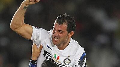 Dejan Stankovic celebrates Inter's first goal of three against Seongnam in their Club World Cup semi-final in Abu Dhabi.