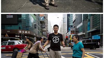 Top, Andy Yung, 30, a lifeguard, at Nathan Road in Mongkok shopping district on October 7, 2014, and bottom, at the same location on September 17, 2015. Mr Yung said: "I think the Occupy movement is a once in a 100-year-event in Hong Kong. Although my family was against my participation in this movement, I will not give up any opportunity to fight for democracy." Reuters