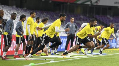 The UAE squad train ahead of their clash at Al Ain against Thailand. UAE FA
