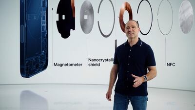 Apple's vice president of Hardware Systems Engineering Deniz Teoman speaks about MagSafe for iPhone. AFP