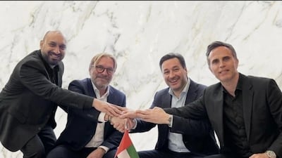 From right to left: Marc Domenech, VP of META and CIS Region, Nvidia; Carlo Ruiz, VP of Enterprise Solutions & Operations EMEA, Nvidia; Eric Leandri, CEO of Aleria; and Sabir Saleem, CEO of Mbuzz. They met during the global Nvidia GTC AI conference. Photo: Aleria