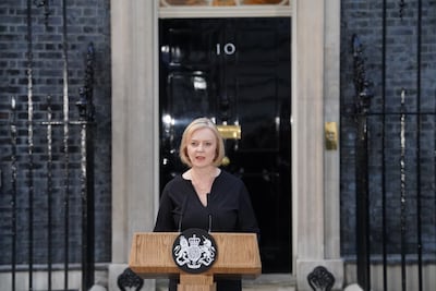 Former UK Prime Minister Liz Truss outside 10 Downing Street in September 2022. Ms Truss spent seven weeks in office. PA
