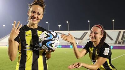 Al Ittihad’s Ashleigh Plumptre, left, has signed a new two-year contract. Photo: Saudi Women’s Premier League