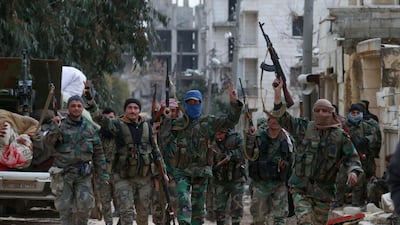 Members of the Syrian army deploy in the Al Rashidin 1 district in south-western Aleppo province. AFP