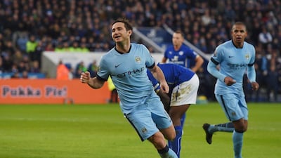 Frank Lampard of Manchester City celebrates after scoring in City's Premier League victory against Leicester City on Saturday. Michael Regan / Getty Images / December 13, 2014