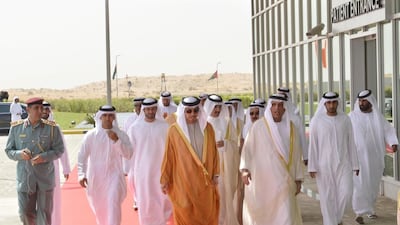 Sheikh Saud and Sheikh Mansour bin Zayed arrive at the inauguration of SKSH in Ras Al Khaimah.