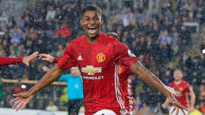 Manchester United's Marcus Rashford celebrates after scoring their late winning goal on Saturday. Lindsey Parnaby / AFP / August 27, 2016