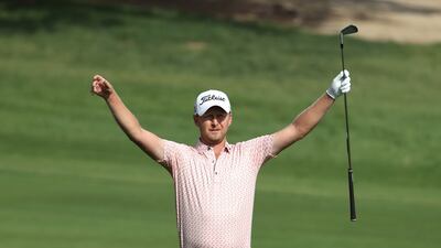 Justin Harding of South Africa on the ninth hole during day three of the Slync.io Dubai Desert Classic at Emirates Golf Club on Saturday, January 29, 2022. Getty