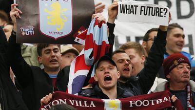 Aston Villa fans voice their displeasure at the end of the match after being relegated from the Premier League in a loss on Saturday to Manchester United. Jason Cairnduff / Action Images / Reuters / April 16, 2016