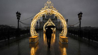 Rainy weather near the Cathedral of Christ the Saviour in central Moscow. AFP