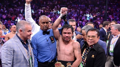 Manny Pacquiao celebrates after defeating Keith Thurman in their WBA welterweight championship bout at MGM Grand Garden Arena. Reuters