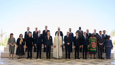 President Sheikh Mohamed with newly appointed ambassadors at Qasr Al Watan, Abu Dhabi. Abdulla Al Neyadi / UAE Presidential Court