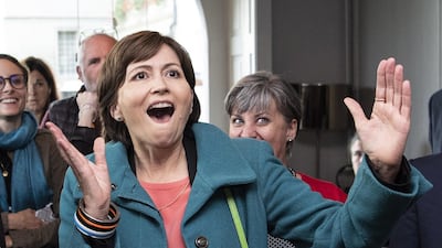Swiss Green Party President and National Councillor Regula Rytz reacts to the result of the Federal Parliament elections on Sunday, in Bern, Switzerland. EPA