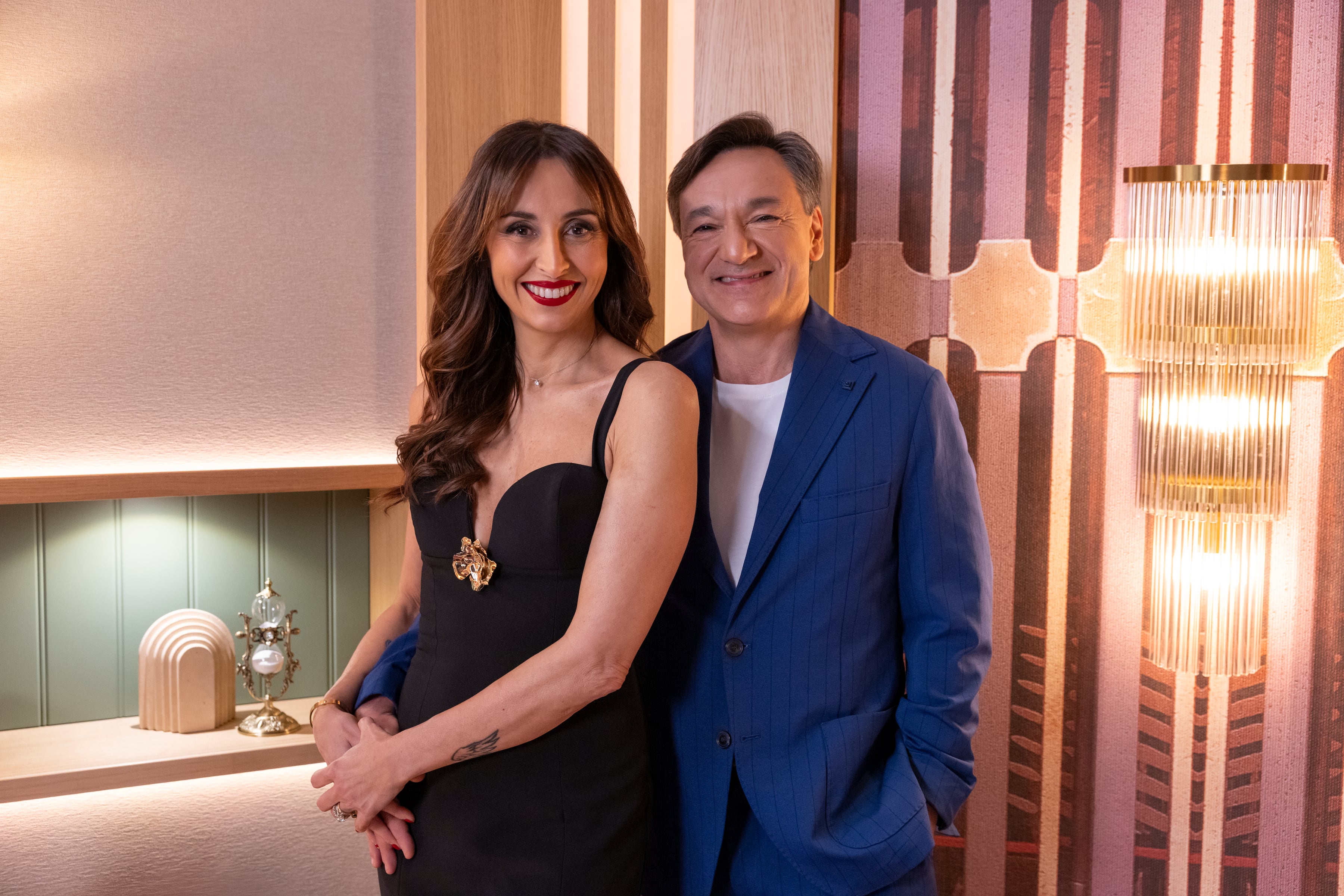 Journalist couple Benedetta Parodi, left, and Fabio Caressa host Love Is Blind: Italy. Photo: Netflix