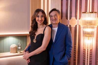 Journalist and food author Benedetta Parodi, left, and sport commentator Fabio Caressa host Love Is Blind: Italy. Photo: Netflix