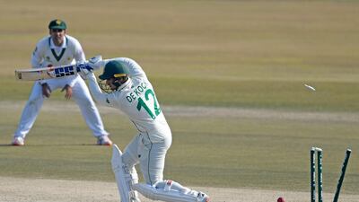 South Africa's Quinton de Kock is clean bowled for 29 by Pakistan's Shaheen Afridi. AFP