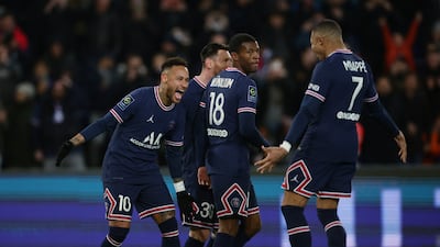 Neymar celebrates scoring PSG's fifth goal with Kylian Mbappe. Reuters