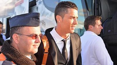 Cristiano Ronaldo, the Real Madrid star, lands with the Spanish Primera Liga team in Lisbon on Friday. Stuart Franklin / Getty Images