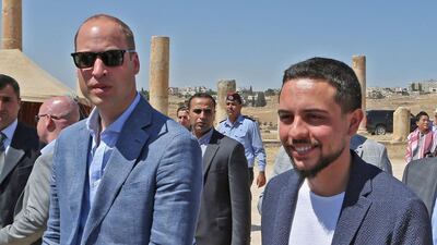 Britain's Prince William (L) and Jordanian Crown Prince Hussein bin Abdullah (R) visit the Jerash archaeological site, some 50 kilometers north of the Jordanian capital Amman on Monday. AFP