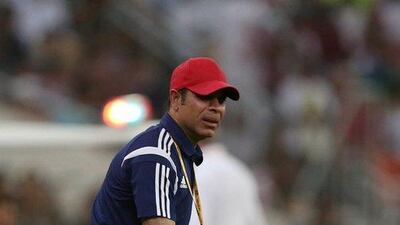 UAE manager Mahdi Ali reacts during their match against Saudi Arabia on Tuesday night. Stringer / AFP / October 11, 2016