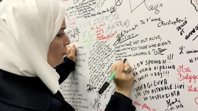 Dr Amal Al Qubaisi, Speaker of Federal National Council, leads an FNC delegation which visited Maelbeek metro station in central Brussels on Thursday to pay tribute to the 32 people killed in a suicide bombing last month. Dr Al Qubaisi condemned the ‘cowardly attacks’ and wrote a tribute on a commemorative wall inside the station expressing her sympathy and solidarity with the Belgian people. Wam