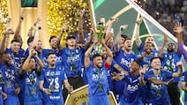 Al Hilal players celebrate after winning the King's Cup final against Al Kholood at the Alinma Stadium in Jeddah. Getty Images