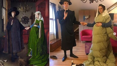 A group of four roommates from Connecticut run the Instagram account @covidclassics, where they recreate classic paintings using household items. Here, they recreate Jan van Eyck's 'Arnolfini Portrait'. Via @covidclassics / Instagram